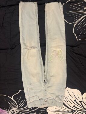 wonder nation Light Blue Skinny Jeans with Pastel Butterfly Embroidery